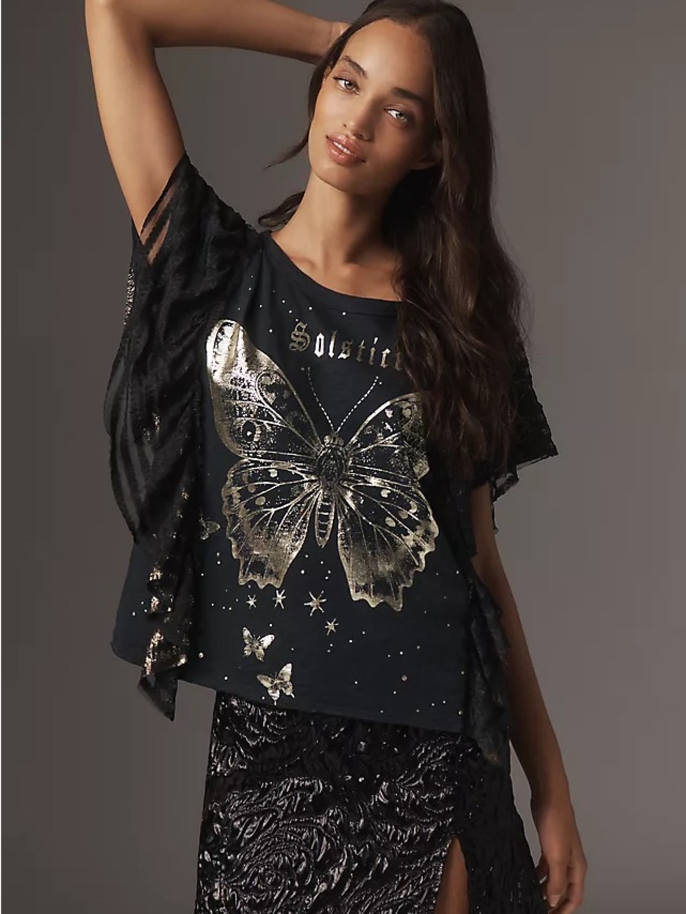 NWT Anthropologie Pilcro Black Golden Hour Butterfly Ruffled Top, Size Small